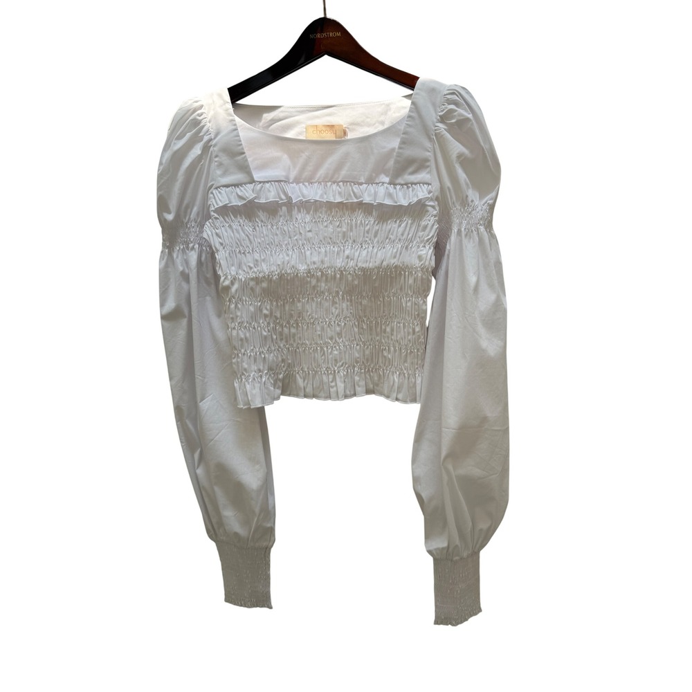 Choosy White Smocked Puff Sleeve Crop Top Square Neck Ruffle WhiteM M